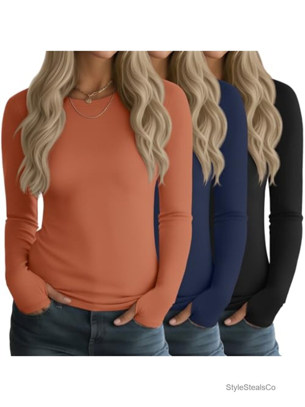 3 Pack Women's Long Sleeve T-Shirts with Thumbholes, Slim Fit, Cotton Blend